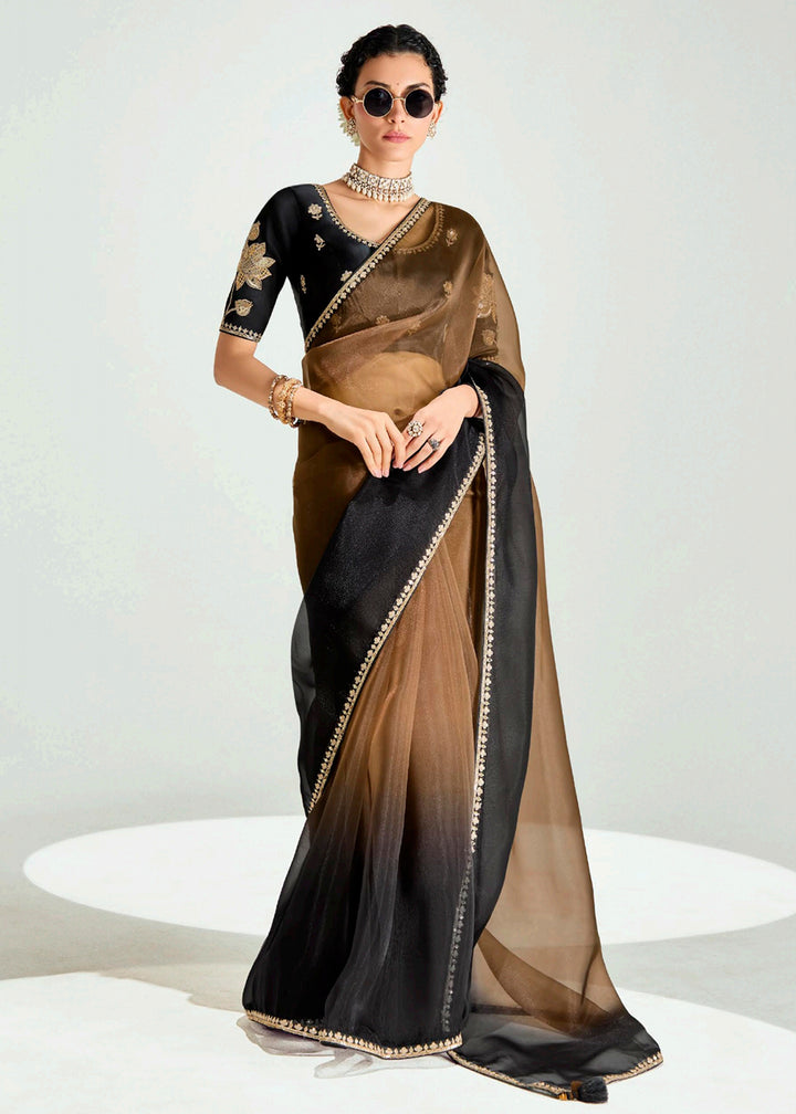 Buy Black & Brown Organza Tissue Designer Party Wear Saree Online in USA, UK, Canada, Spain, France, Germany, Italy, Austria, Qatar, UAE & Worldwide at Empress.