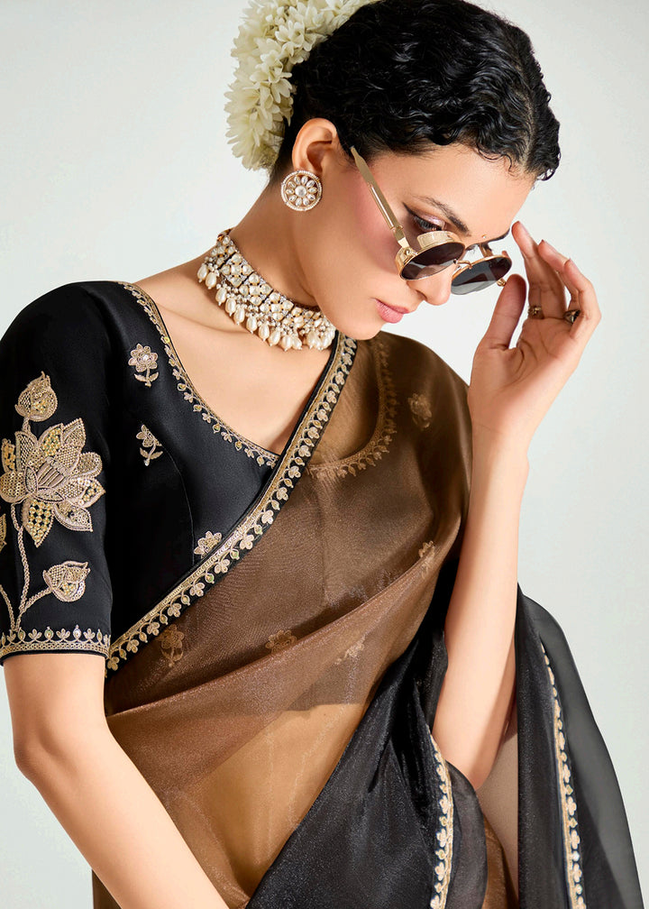 Buy Black & Brown Organza Tissue Designer Party Wear Saree Online in USA, UK, Canada, Spain, France, Germany, Italy, Austria, Qatar, UAE & Worldwide at Empress.