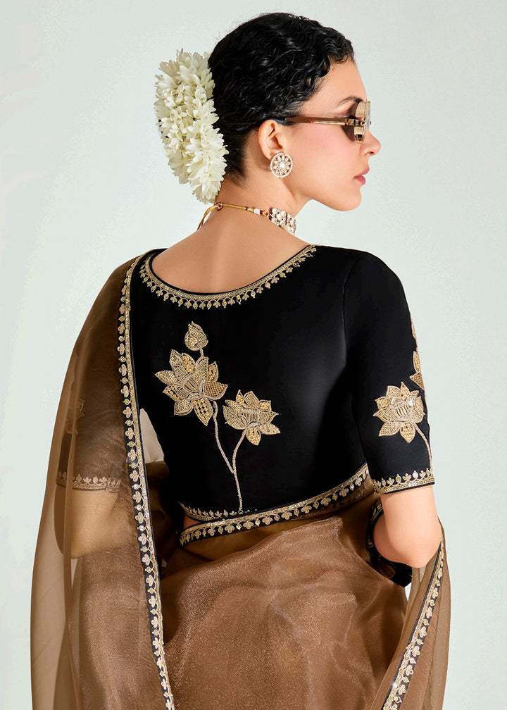 Buy Black & Brown Organza Tissue Designer Party Wear Saree Online in USA, UK, Canada, Spain, France, Germany, Italy, Austria, Qatar, UAE & Worldwide at Empress.