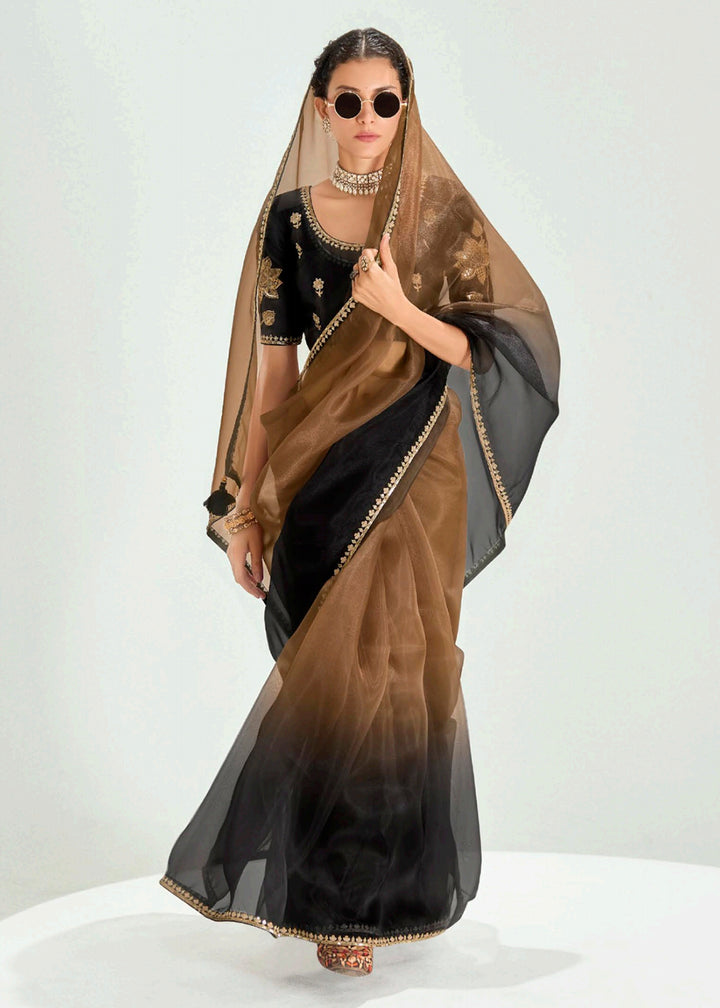 Buy Black & Brown Organza Tissue Designer Party Wear Saree Online in USA, UK, Canada, Spain, France, Germany, Italy, Austria, Qatar, UAE & Worldwide at Empress.