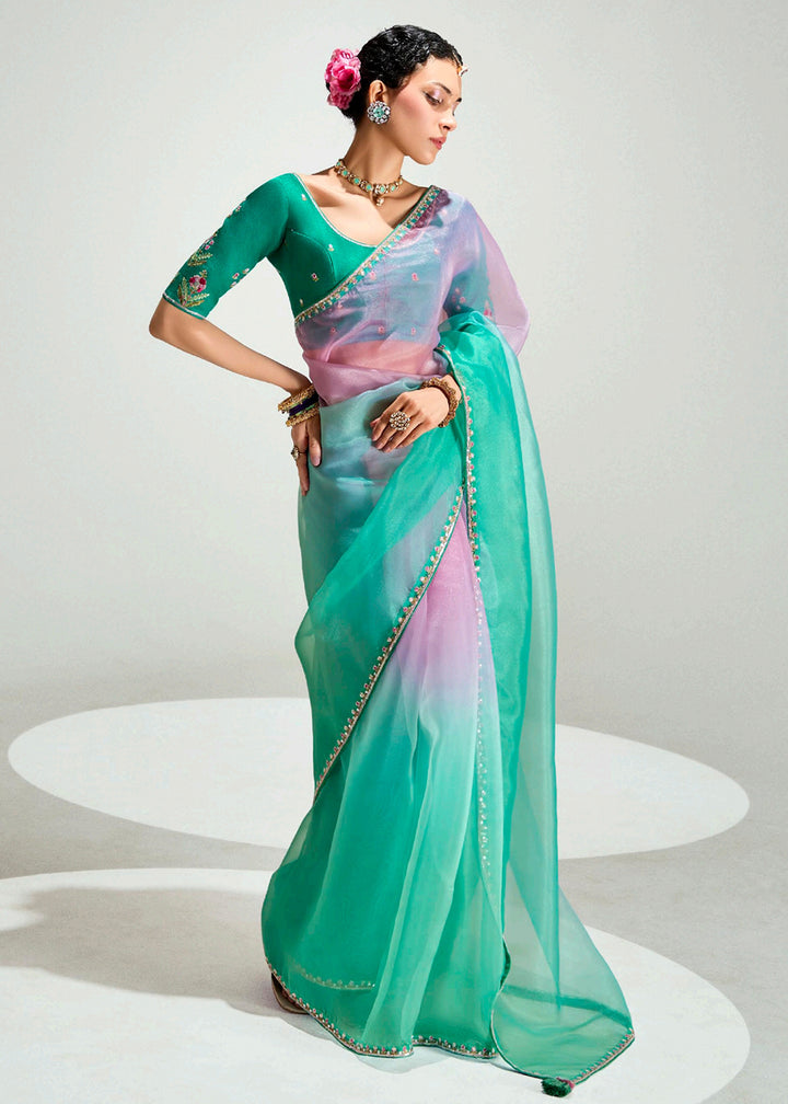 Buy Green & Pink Organza Tissue Designer Party Wear Saree Online in USA, UK, Canada, Spain, France, Germany, Italy, Austria, Qatar, UAE & Worldwide at Empress.