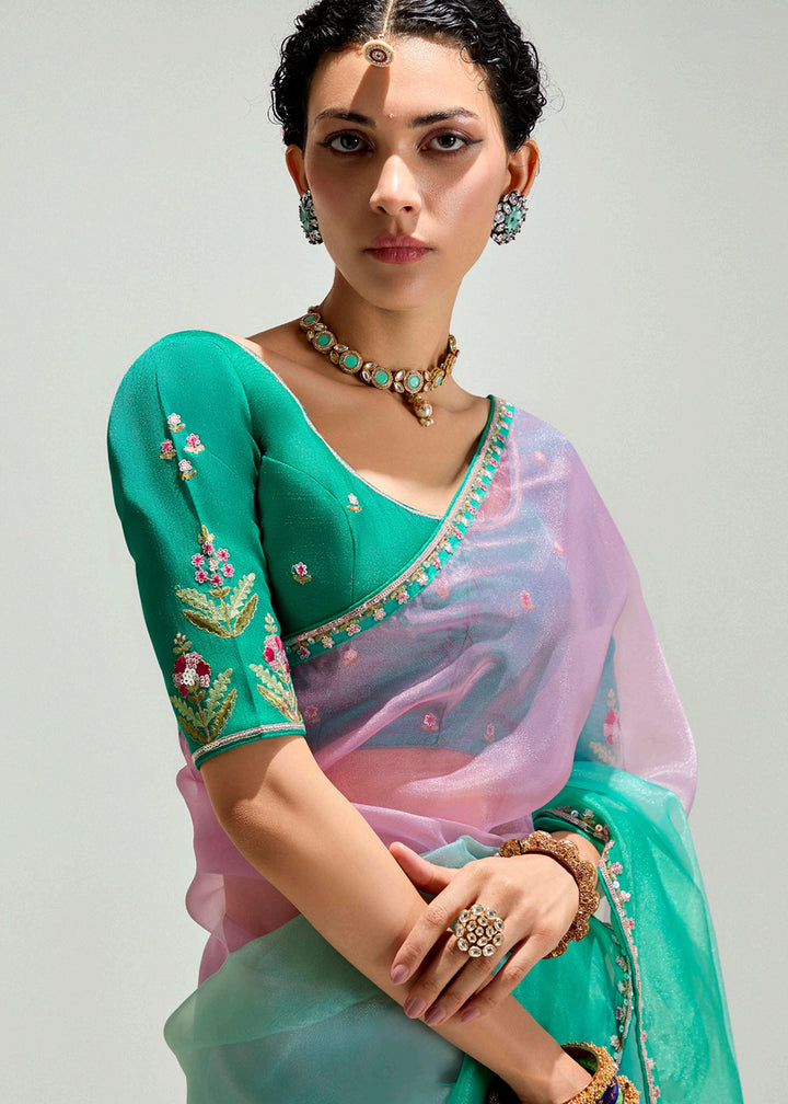 Buy Green & Pink Organza Tissue Designer Party Wear Saree Online in USA, UK, Canada, Spain, France, Germany, Italy, Austria, Qatar, UAE & Worldwide at Empress.