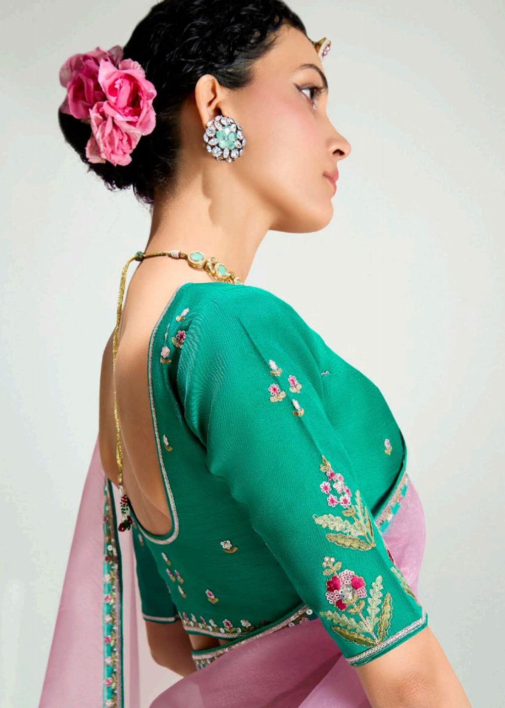 Buy Green & Pink Organza Tissue Designer Party Wear Saree Online in USA, UK, Canada, Spain, France, Germany, Italy, Austria, Qatar, UAE & Worldwide at Empress.