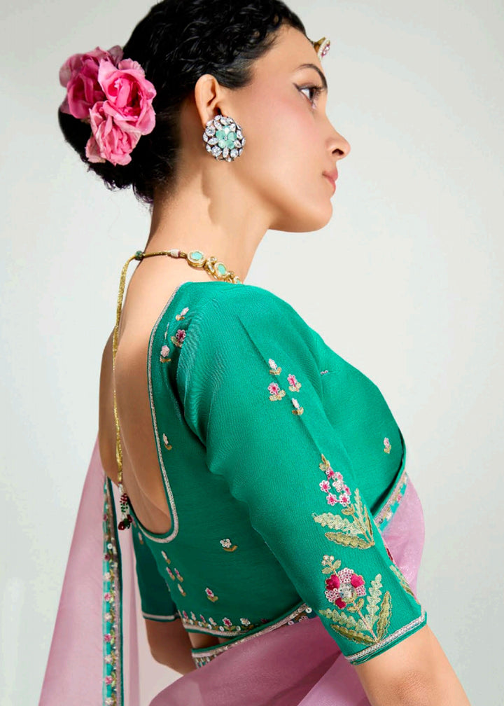 Buy Green & Pink Organza Tissue Designer Party Wear Saree Online in USA, UK, Canada, Spain, France, Germany, Italy, Austria, Qatar, UAE & Worldwide at Empress.