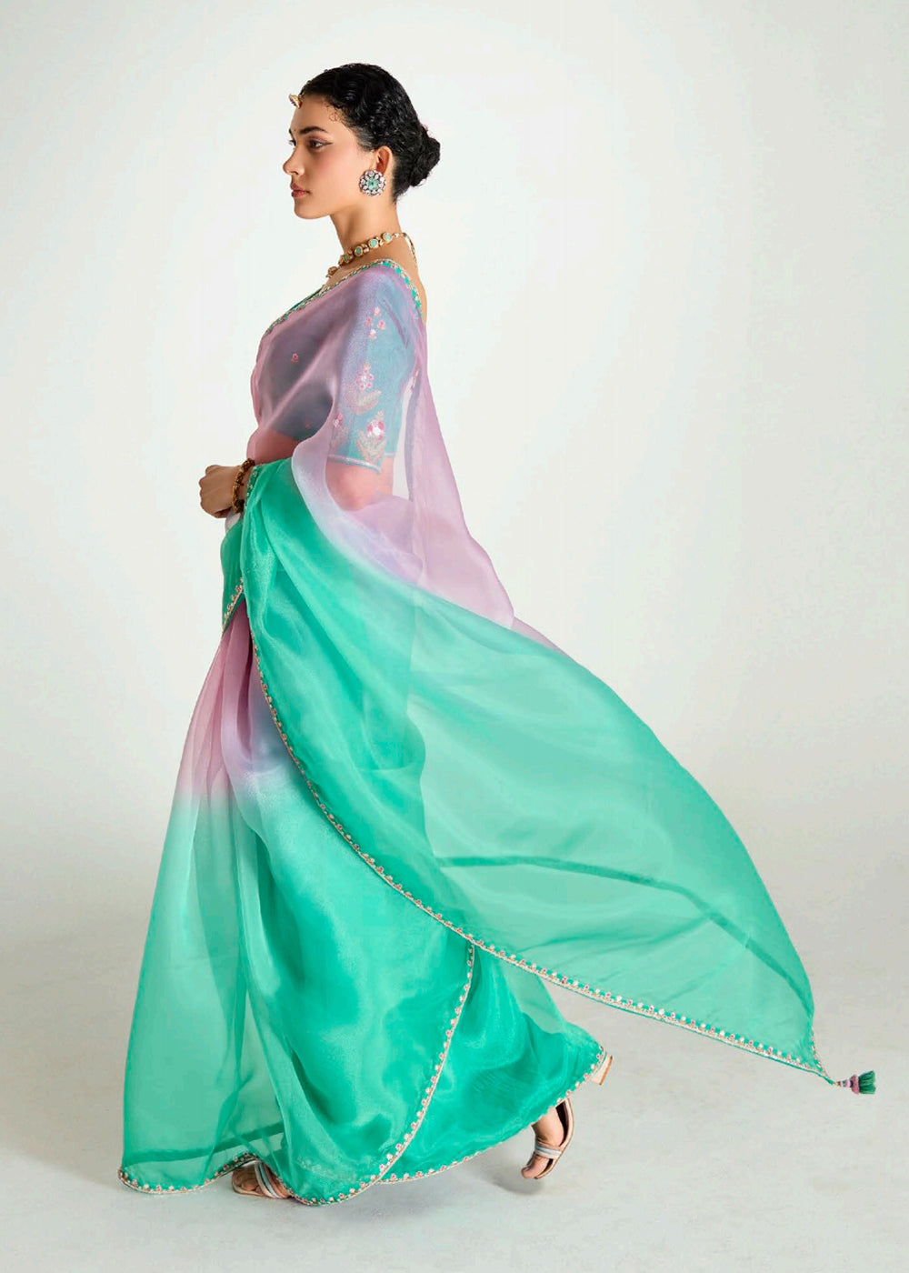 Buy Green & Pink Organza Tissue Designer Party Wear Saree Online in USA, UK, Canada, Spain, France, Germany, Italy, Austria, Qatar, UAE & Worldwide at Empress.