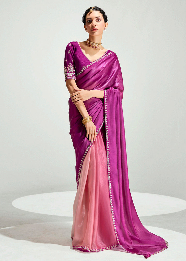 Buy Magenta & Peach Organza Tissue Designer Party Wear Saree Online in USA, UK, Canada, Spain, France, Germany, Italy, Austria, Qatar & Worldwide at Empress.
