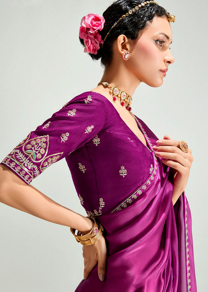 Buy Magenta & Peach Organza Tissue Designer Party Wear Saree Online in USA, UK, Canada, Spain, France, Germany, Italy, Austria, Qatar & Worldwide at Empress.