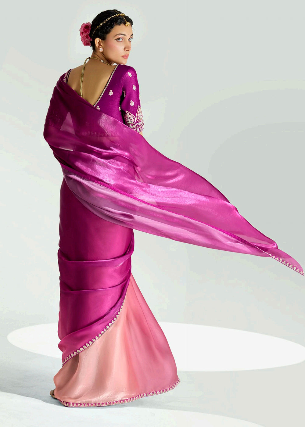Buy Magenta & Peach Organza Tissue Designer Party Wear Saree Online in USA, UK, Canada, Spain, France, Germany, Italy, Austria, Qatar & Worldwide at Empress.