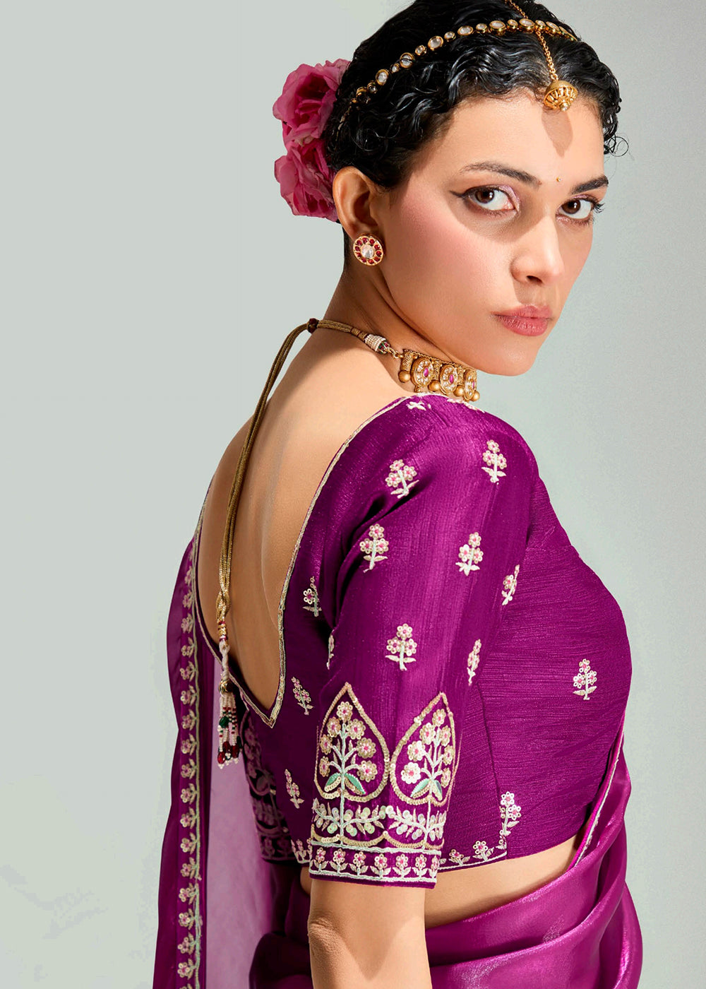 Buy Magenta & Peach Organza Tissue Designer Party Wear Saree Online in USA, UK, Canada, Spain, France, Germany, Italy, Austria, Qatar & Worldwide at Empress.