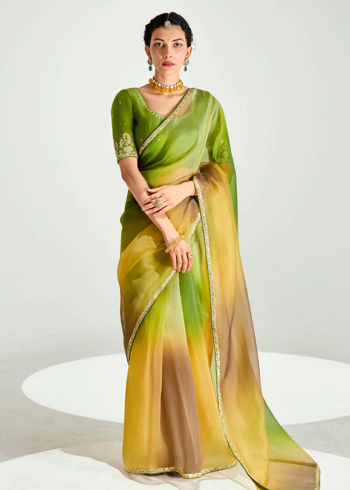 Buy Yellow & Green Organza Tissue Designer Party Wear Saree Online in USA, UK, Canada, Spain, France, Germany, Italy, Austria, Qatar & Worldwide at Empress.