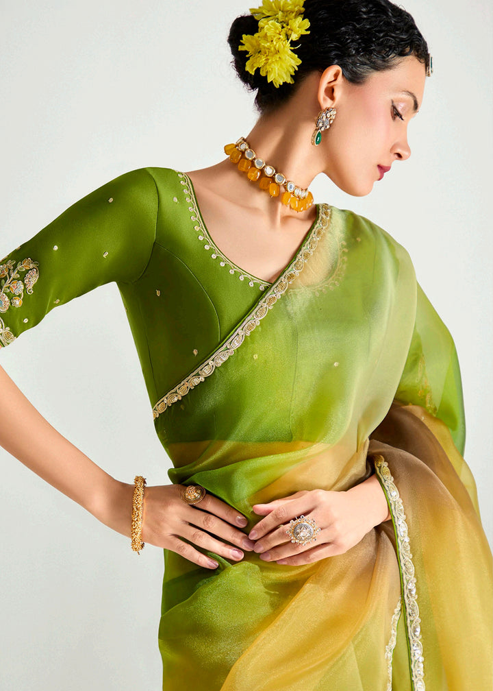 Buy Yellow & Green Organza Tissue Designer Party Wear Saree Online in USA, UK, Canada, Spain, France, Germany, Italy, Austria, Qatar & Worldwide at Empress.