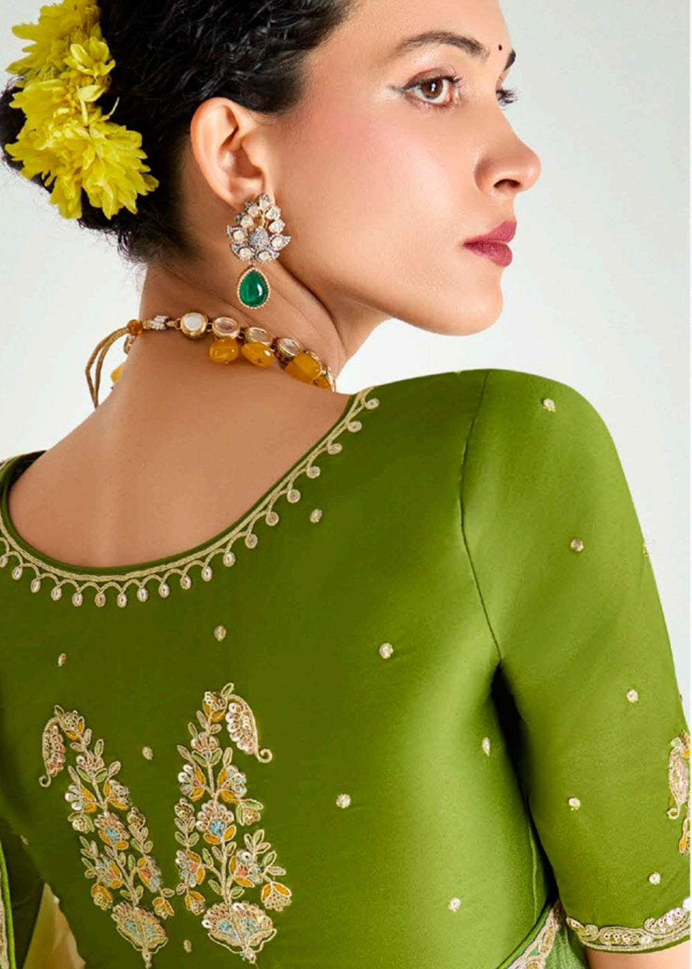 Buy Yellow & Green Organza Tissue Designer Party Wear Saree Online in USA, UK, Canada, Spain, France, Germany, Italy, Austria, Qatar & Worldwide at Empress.