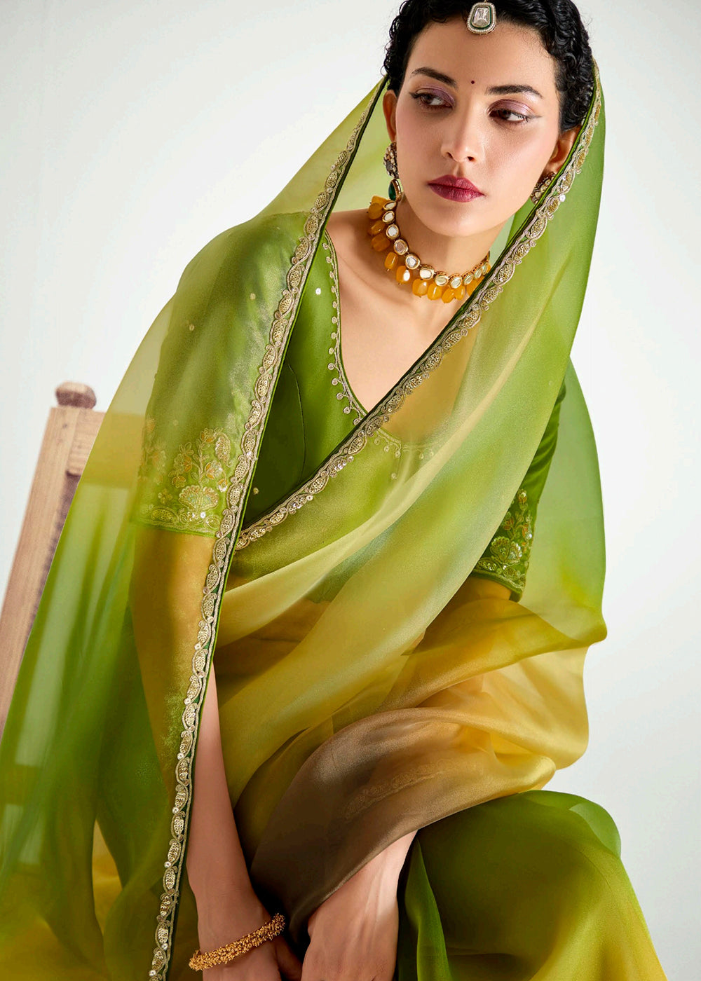Buy Yellow & Green Organza Tissue Designer Party Wear Saree Online in USA, UK, Canada, Spain, France, Germany, Italy, Austria, Qatar & Worldwide at Empress.