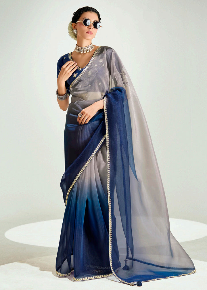 Buy Blue & Beige Organza Tissue Designer Party Wear Saree Online in USA, UK, Canada, Spain, France, Germany, Italy, Austria, Qatar & Worldwide at Empress.