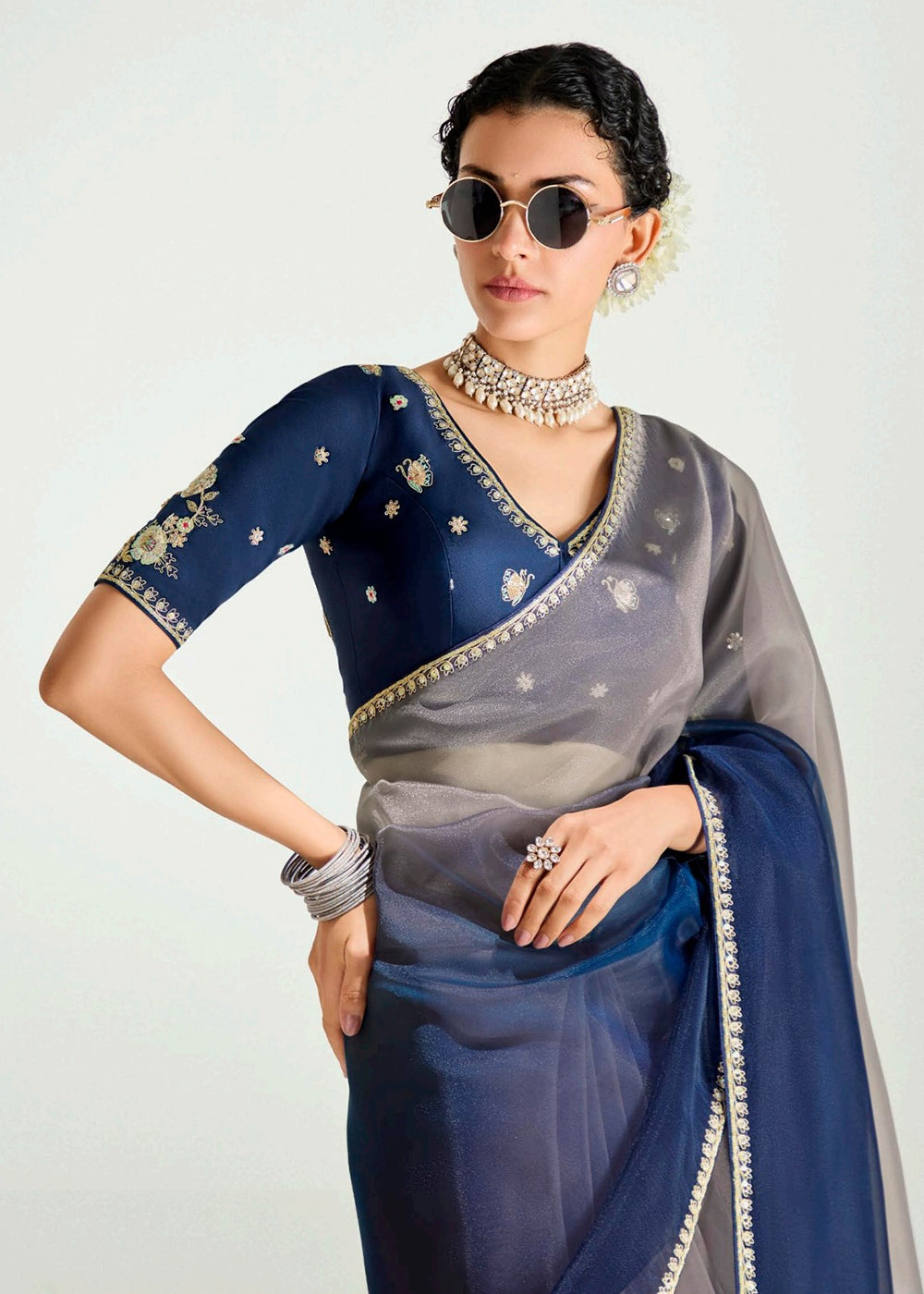 Buy Blue & Beige Organza Tissue Designer Party Wear Saree Online in USA, UK, Canada, Spain, France, Germany, Italy, Austria, Qatar & Worldwide at Empress.