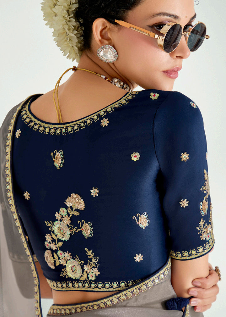 Buy Blue & Beige Organza Tissue Designer Party Wear Saree Online in USA, UK, Canada, Spain, France, Germany, Italy, Austria, Qatar & Worldwide at Empress.