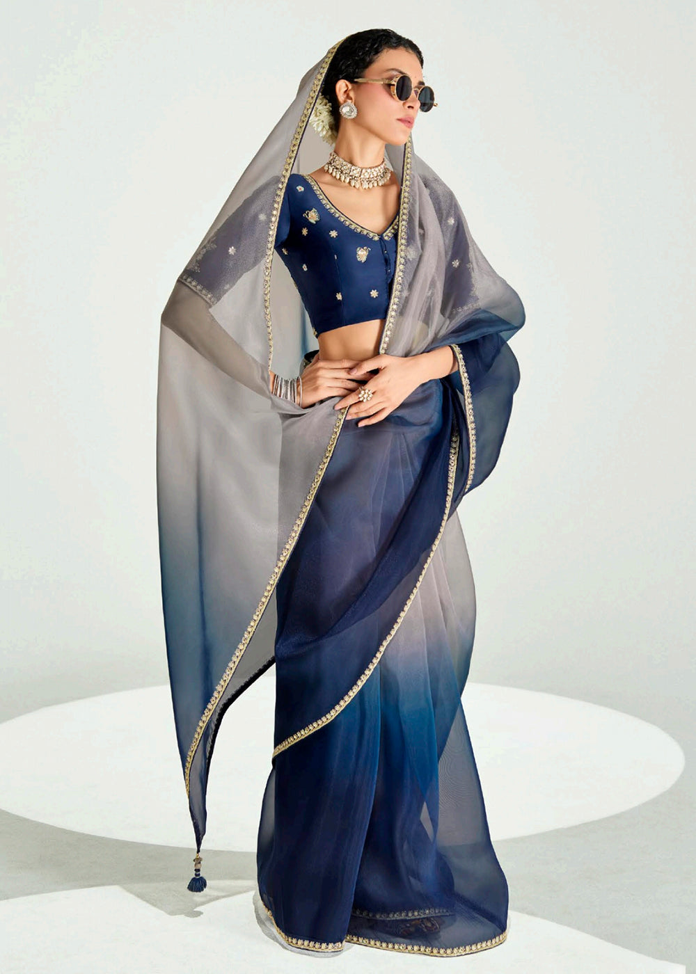 Buy Blue & Beige Organza Tissue Designer Party Wear Saree Online in USA, UK, Canada, Spain, France, Germany, Italy, Austria, Qatar & Worldwide at Empress.