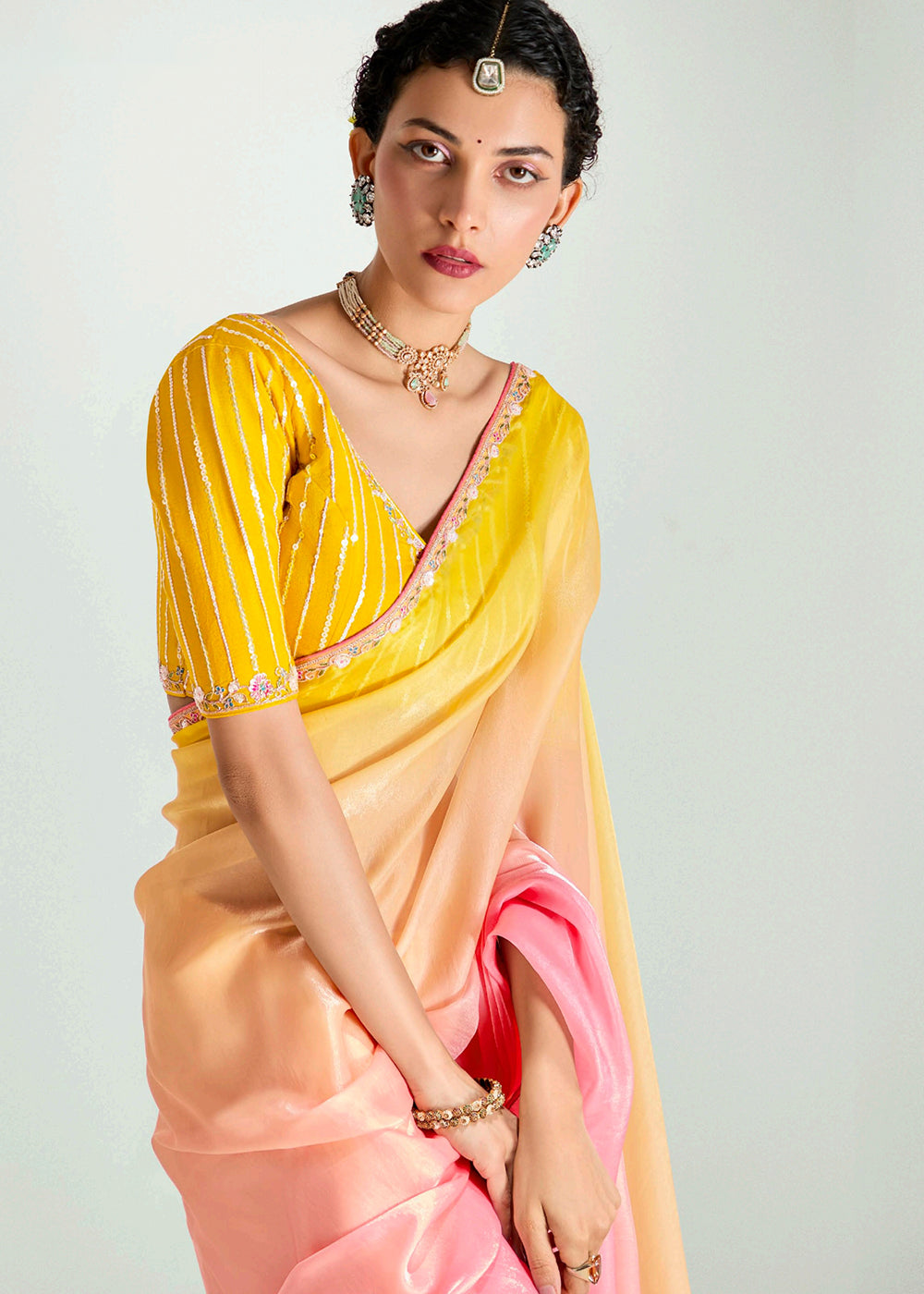 Buy Peach & Yellow Organza Tissue Designer Party Wear Saree Online in USA, UK, Canada, Spain, France, Germany, Italy, Austria, Qatar & Worldwide at Empress.