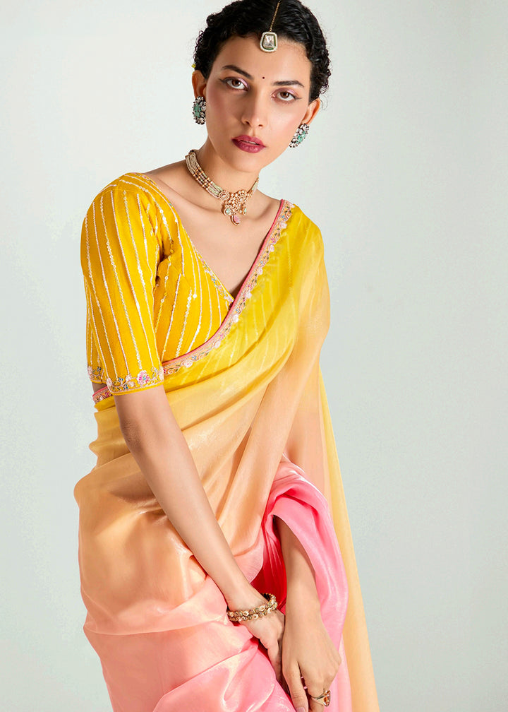 Buy Peach & Yellow Organza Tissue Designer Party Wear Saree Online in USA, UK, Canada, Spain, France, Germany, Italy, Austria, Qatar & Worldwide at Empress.