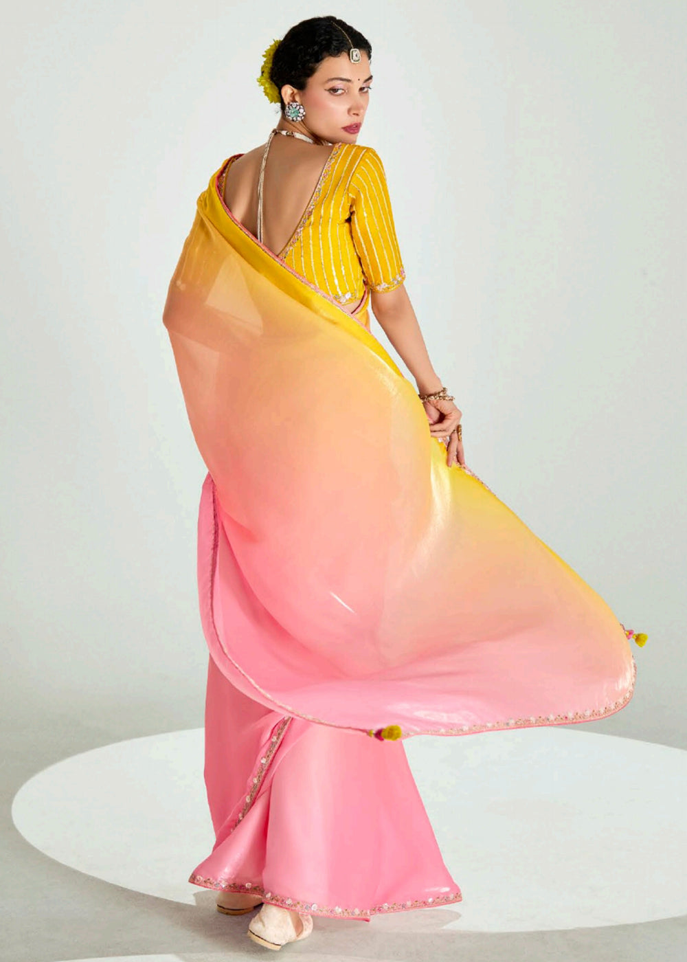 Buy Peach & Yellow Organza Tissue Designer Party Wear Saree Online in USA, UK, Canada, Spain, France, Germany, Italy, Austria, Qatar & Worldwide at Empress.