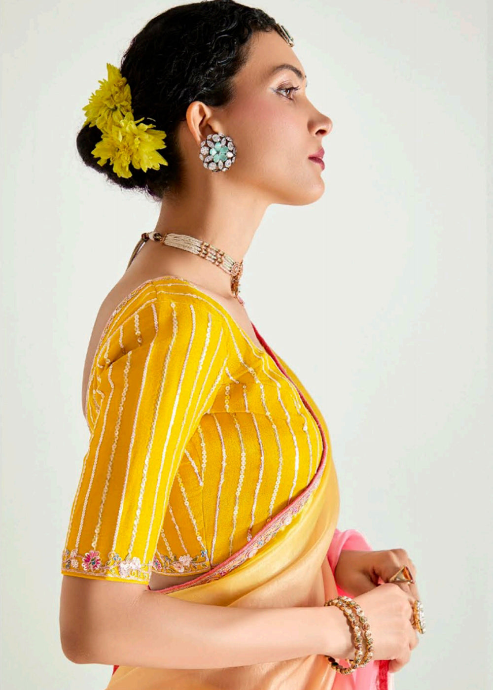 Buy Peach & Yellow Organza Tissue Designer Party Wear Saree Online in USA, UK, Canada, Spain, France, Germany, Italy, Austria, Qatar & Worldwide at Empress.