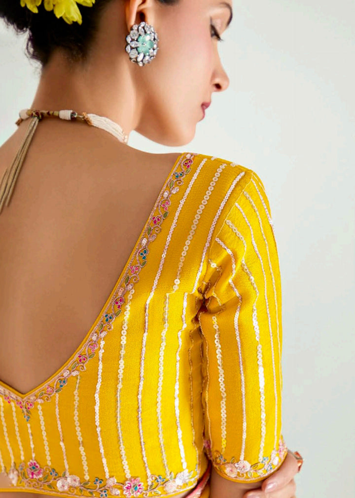 Buy Peach & Yellow Organza Tissue Designer Party Wear Saree Online in USA, UK, Canada, Spain, France, Germany, Italy, Austria, Qatar & Worldwide at Empress.