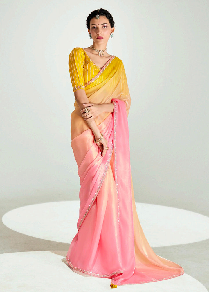 Buy Peach & Yellow Organza Tissue Designer Party Wear Saree Online in USA, UK, Canada, Spain, France, Germany, Italy, Austria, Qatar & Worldwide at Empress.