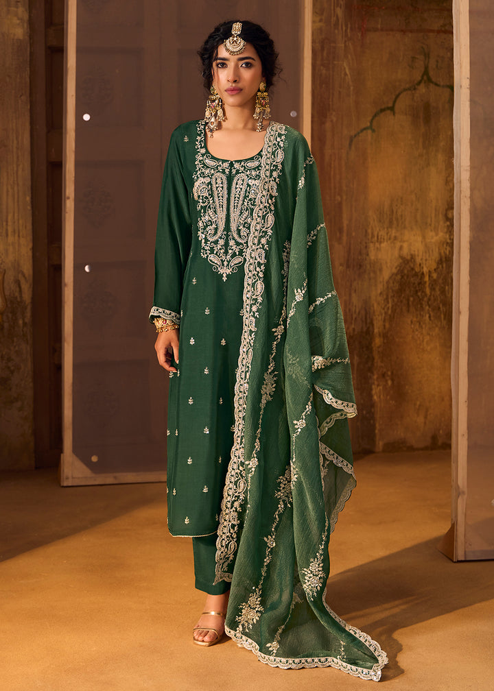 Buy Now Green Bamberg Silk Embroidered Eid Style Salwar Suit Online in USA, UK, Canada, Germany, Italy, UAE & Worldwide at Empress Clothing.