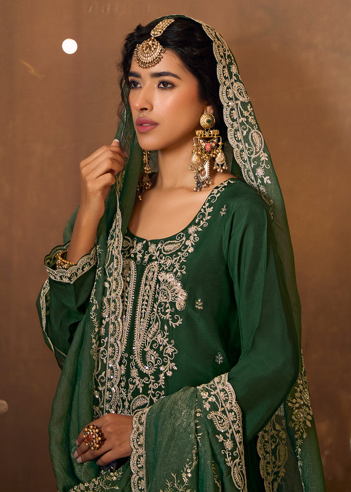 Buy Now Green Bamberg Silk Embroidered Eid Style Salwar Suit Online in USA, UK, Canada, Germany, Italy, UAE & Worldwide at Empress Clothing.
