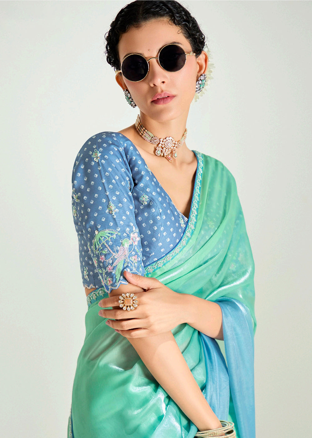 Buy Blue & Green Organza Tissue Designer Party Wear Saree Online in USA, UK, Canada, Spain, France, Germany, Italy, Austria, Qatar & Worldwide at Empress.