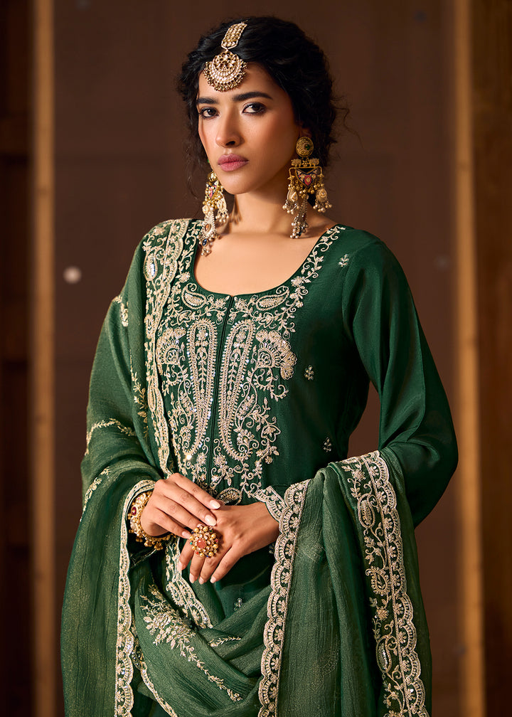Buy Now Green Bamberg Silk Embroidered Eid Style Salwar Suit Online in USA, UK, Canada, Germany, Italy, UAE & Worldwide at Empress Clothing.
