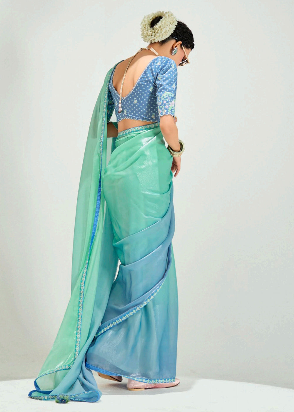 Buy Blue & Green Organza Tissue Designer Party Wear Saree Online in USA, UK, Canada, Spain, France, Germany, Italy, Austria, Qatar & Worldwide at Empress.