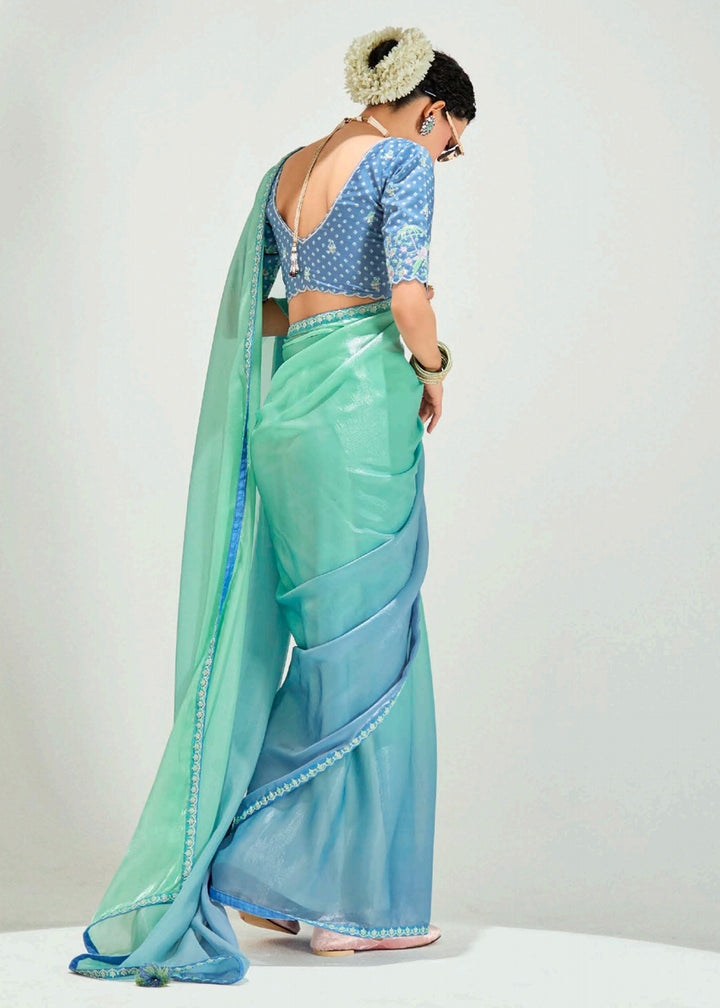 Buy Blue & Green Organza Tissue Designer Party Wear Saree Online in USA, UK, Canada, Spain, France, Germany, Italy, Austria, Qatar & Worldwide at Empress.