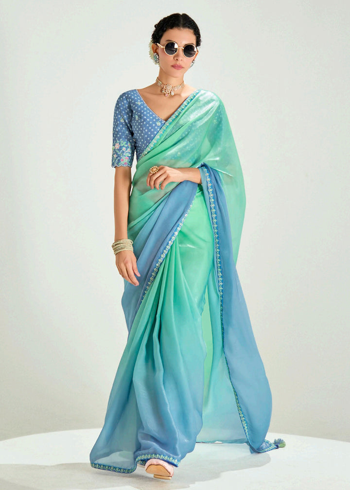 Buy Blue & Green Organza Tissue Designer Party Wear Saree Online in USA, UK, Canada, Spain, France, Germany, Italy, Austria, Qatar & Worldwide at Empress.