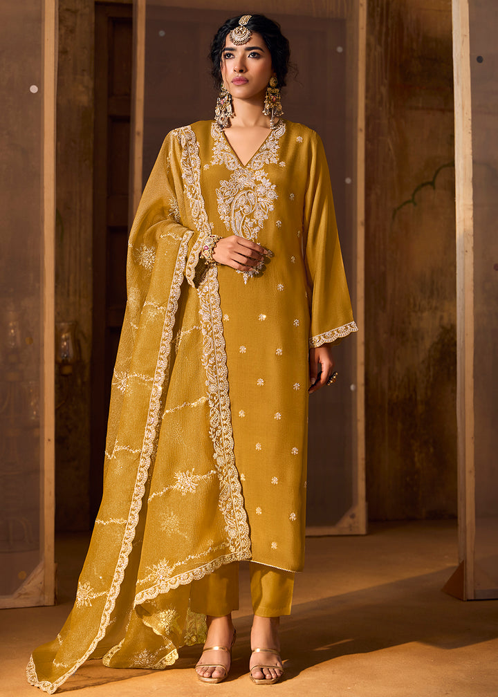 Buy Now Mustard Bamberg Silk Embroidered Eid Style Salwar Suit Online in USA, UK, Canada, Germany, Italy, UAE & Worldwide at Empress Clothing. 