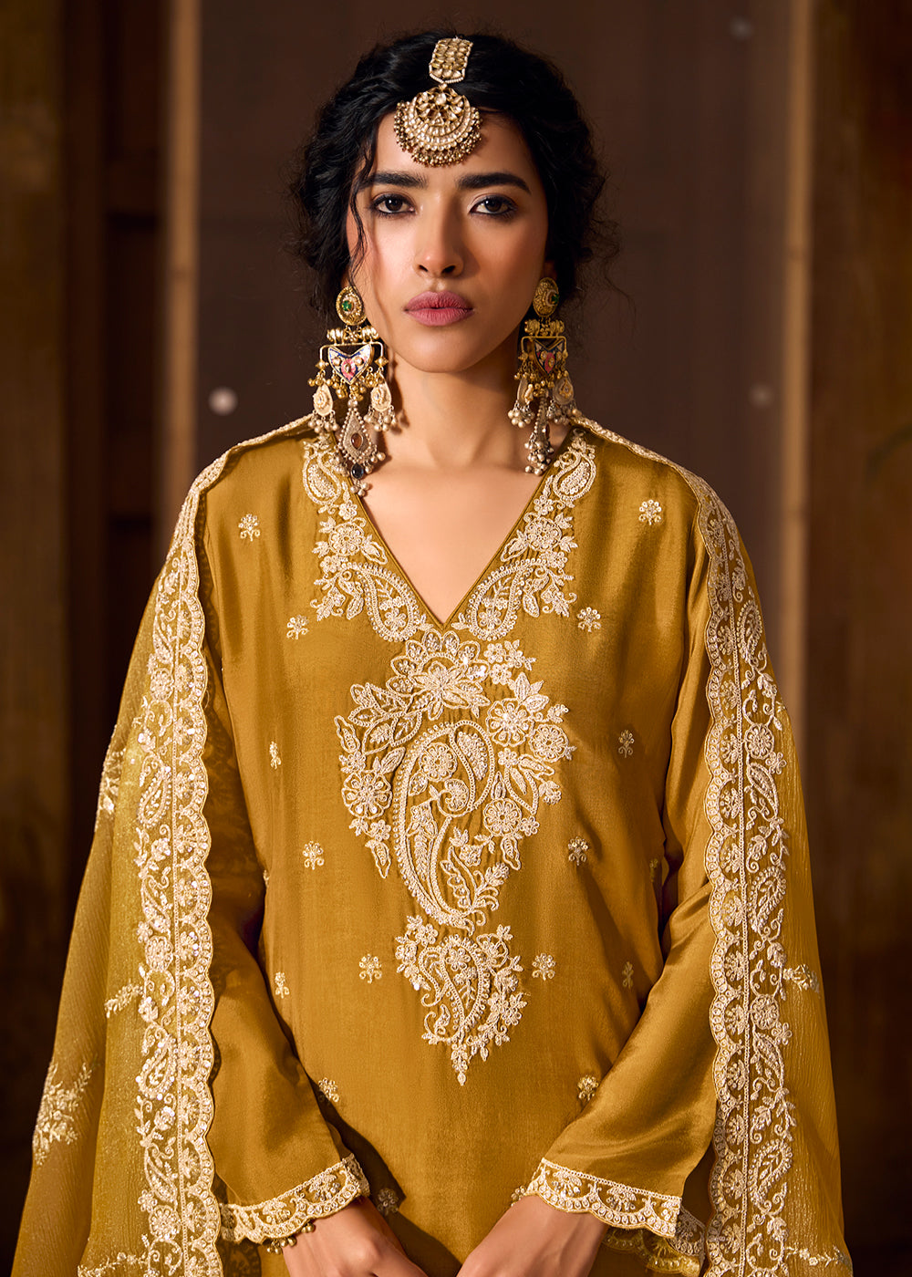 Buy Now Mustard Bamberg Silk Embroidered Eid Style Salwar Suit Online in USA, UK, Canada, Germany, Italy, UAE & Worldwide at Empress Clothing. 