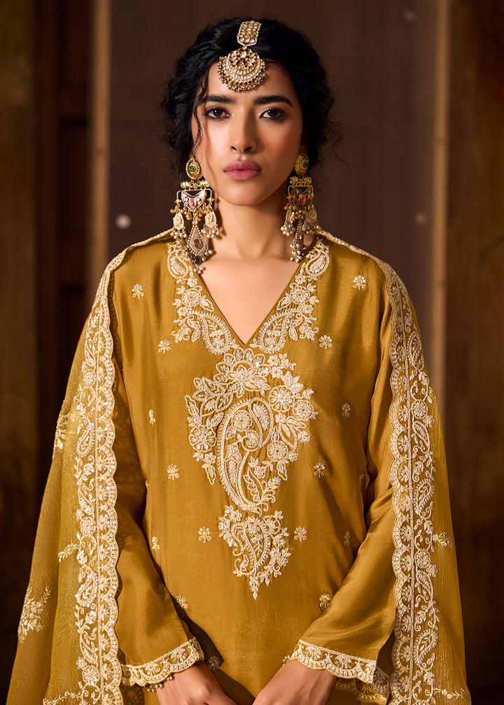Buy Now Mustard Bamberg Silk Embroidered Eid Style Salwar Suit Online in USA, UK, Canada, Germany, Italy, UAE & Worldwide at Empress Clothing. 