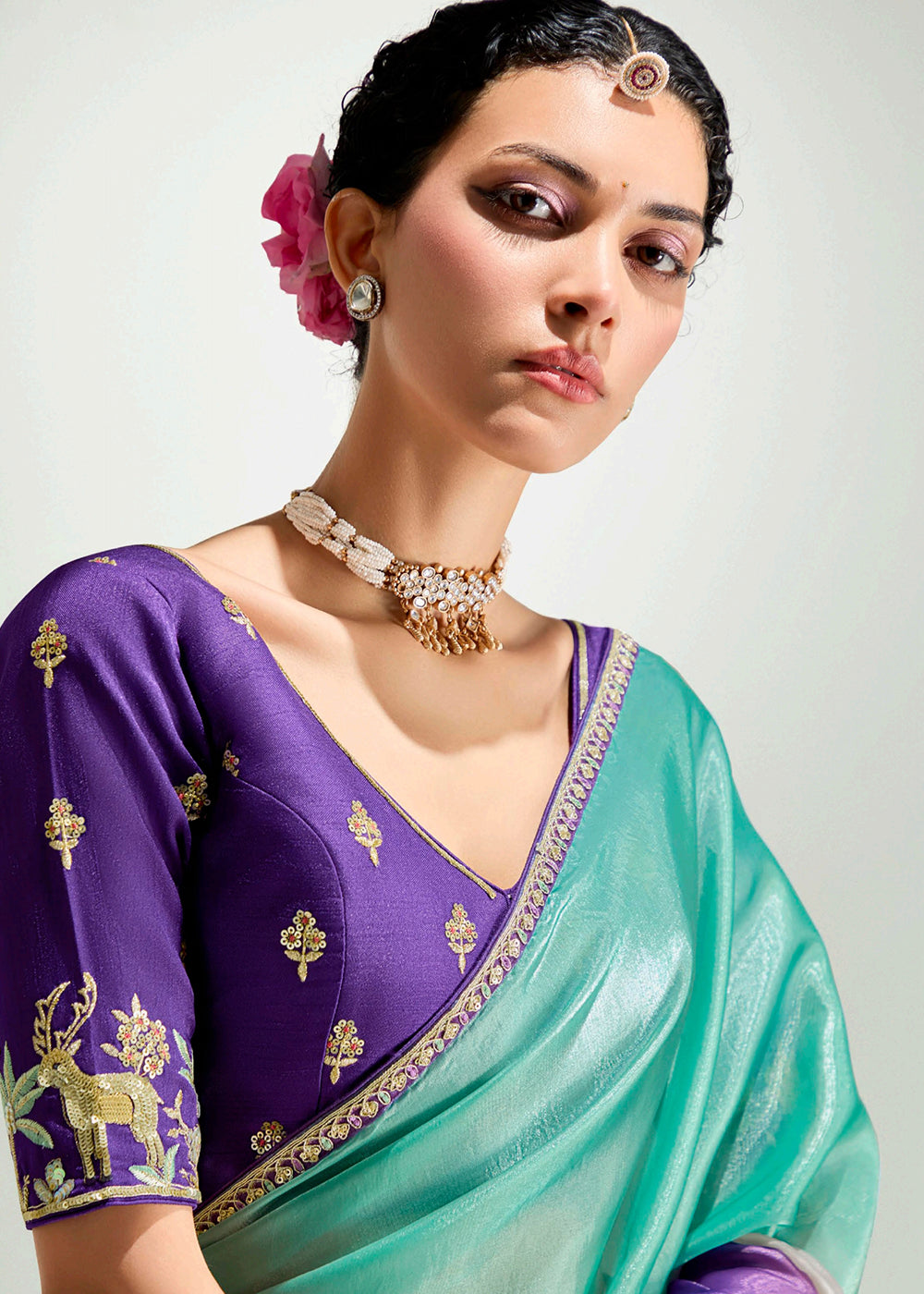 Buy Violet & Green Organza Tissue Designer Party Wear Saree Online in USA, UK, Canada, Spain, France, Germany, Italy, Austria, Qatar & Worldwide at Empress.