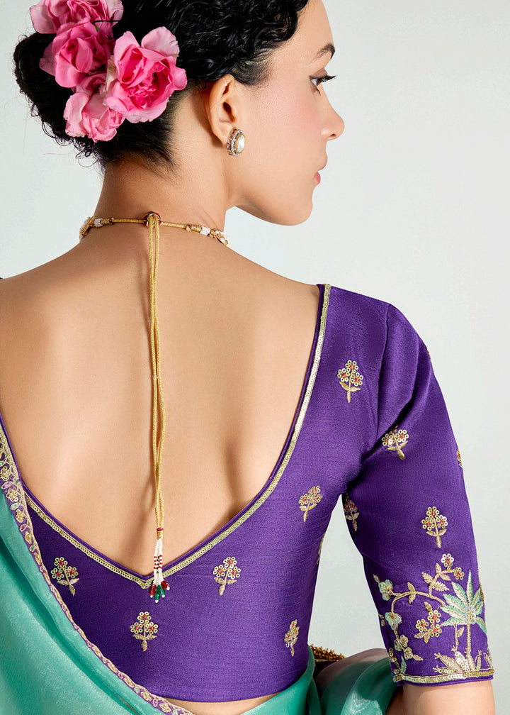 Buy Violet & Green Organza Tissue Designer Party Wear Saree Online in USA, UK, Canada, Spain, France, Germany, Italy, Austria, Qatar & Worldwide at Empress.