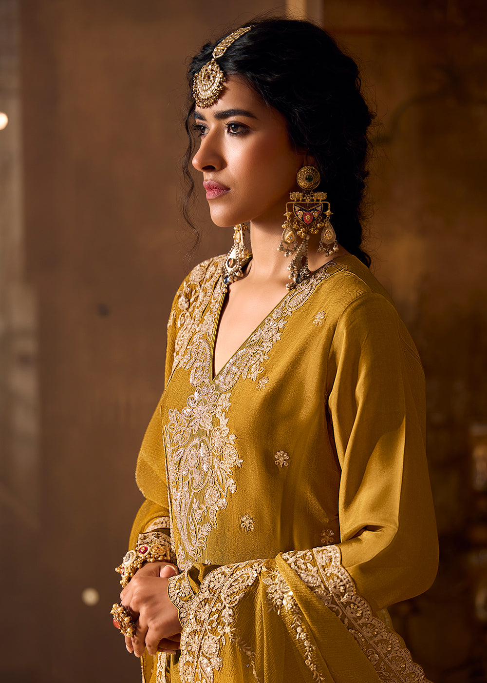 Buy Now Mustard Bamberg Silk Embroidered Eid Style Salwar Suit Online in USA, UK, Canada, Germany, Italy, UAE & Worldwide at Empress Clothing. 