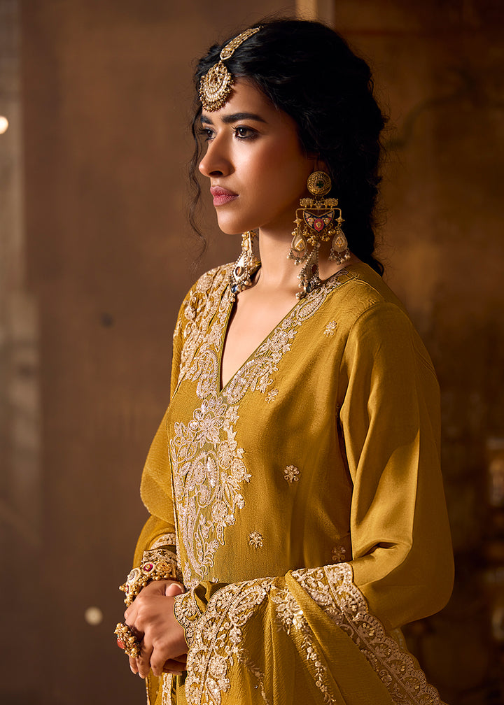 Buy Now Mustard Bamberg Silk Embroidered Eid Style Salwar Suit Online in USA, UK, Canada, Germany, Italy, UAE & Worldwide at Empress Clothing. 