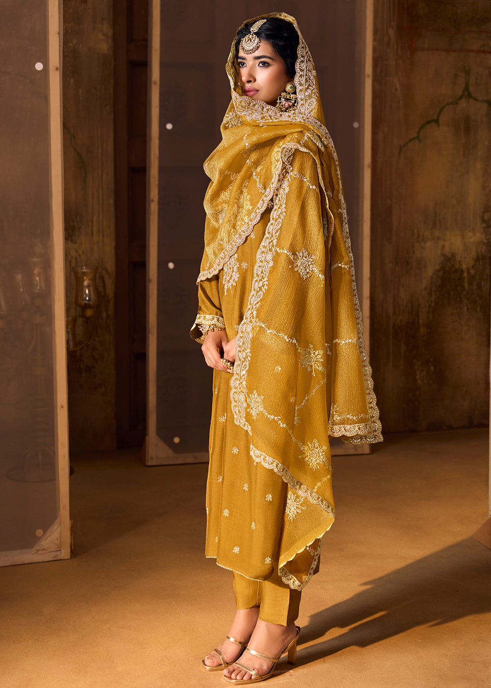 Buy Now Mustard Bamberg Silk Embroidered Eid Style Salwar Suit Online in USA, UK, Canada, Germany, Italy, UAE & Worldwide at Empress Clothing. 