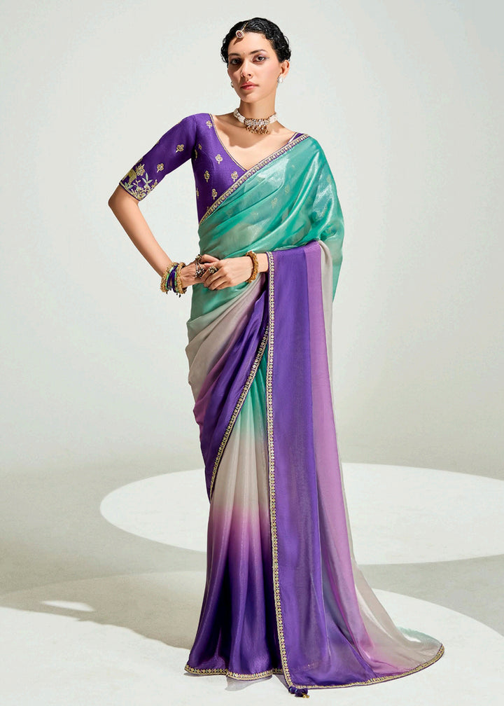 Buy Violet & Green Organza Tissue Designer Party Wear Saree Online in USA, UK, Canada, Spain, France, Germany, Italy, Austria, Qatar & Worldwide at Empress.