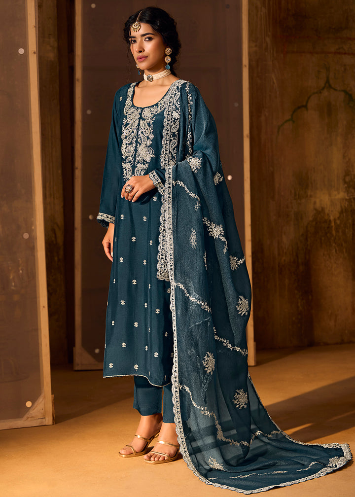 Buy Now Blue Bamberg Silk Embroidered Eid Style Salwar Suit Online in USA, UK, Canada, Germany, Italy, UAE & Worldwide at Empress Clothing.