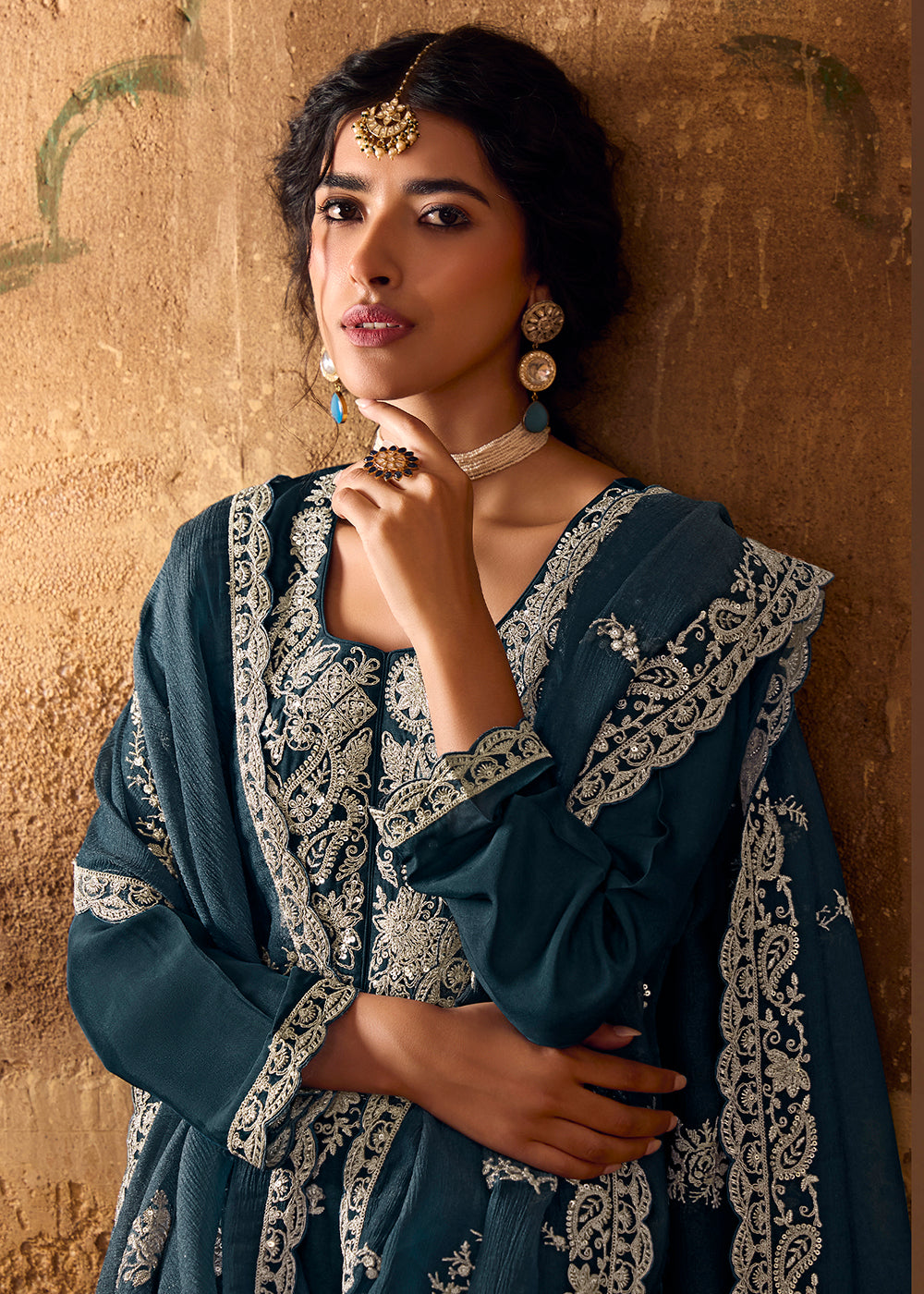 Buy Now Blue Bamberg Silk Embroidered Eid Style Salwar Suit Online in USA, UK, Canada, Germany, Italy, UAE & Worldwide at Empress Clothing.