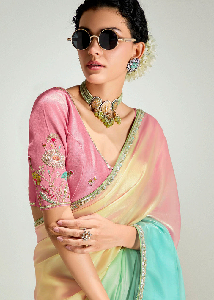 Buy Pink & Multi Organza Tissue Designer Party Wear Saree Online in USA, UK, Canada, Spain, France, Germany, Italy, Austria, Qatar, UAE & Worldwide at Empress.