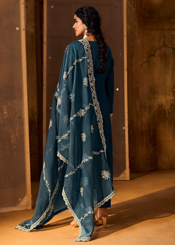 Buy Now Blue Bamberg Silk Embroidered Eid Style Salwar Suit Online in USA, UK, Canada, Germany, Italy, UAE & Worldwide at Empress Clothing.