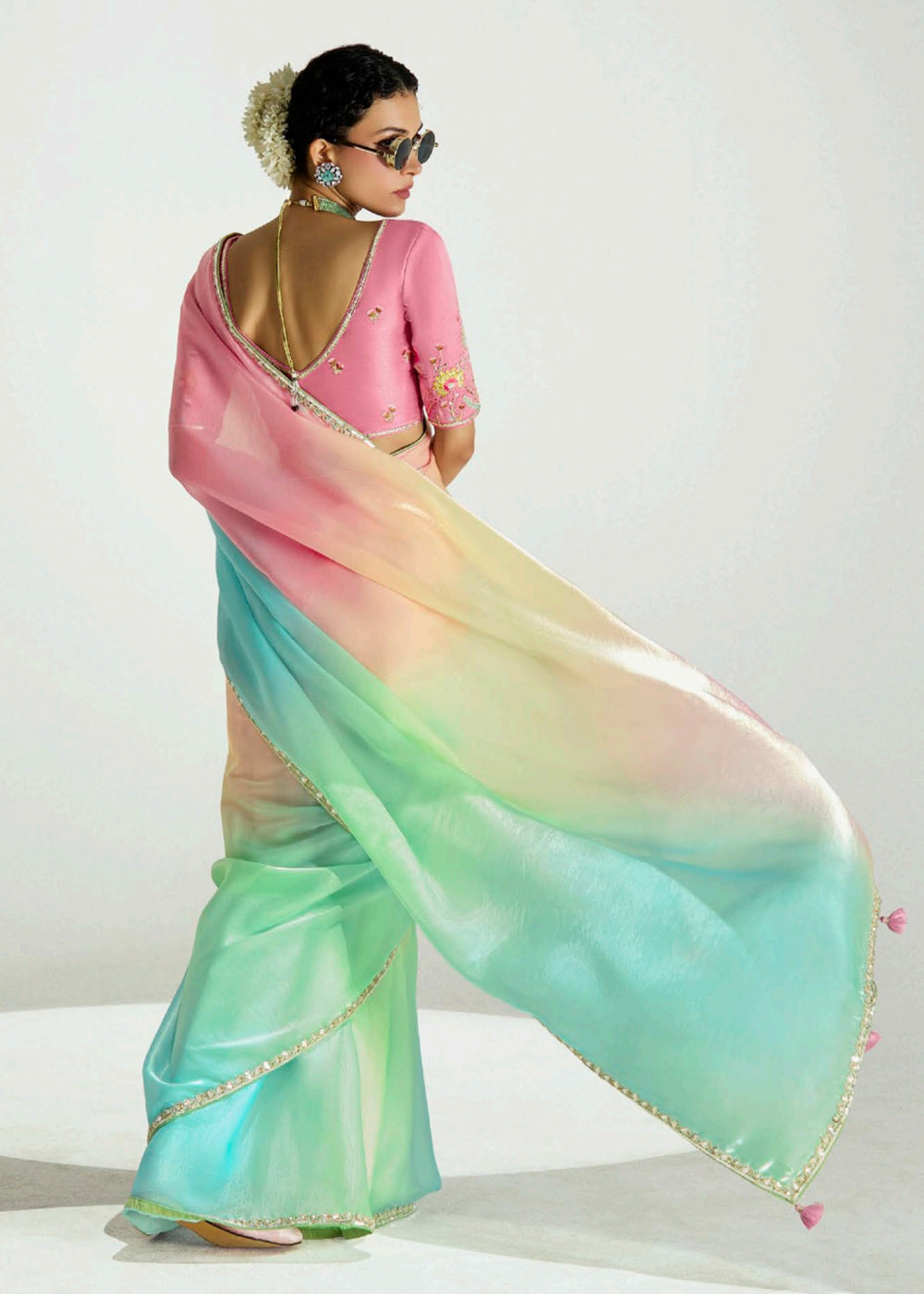 Buy Pink & Multi Organza Tissue Designer Party Wear Saree Online in USA, UK, Canada, Spain, France, Germany, Italy, Austria, Qatar, UAE & Worldwide at Empress.