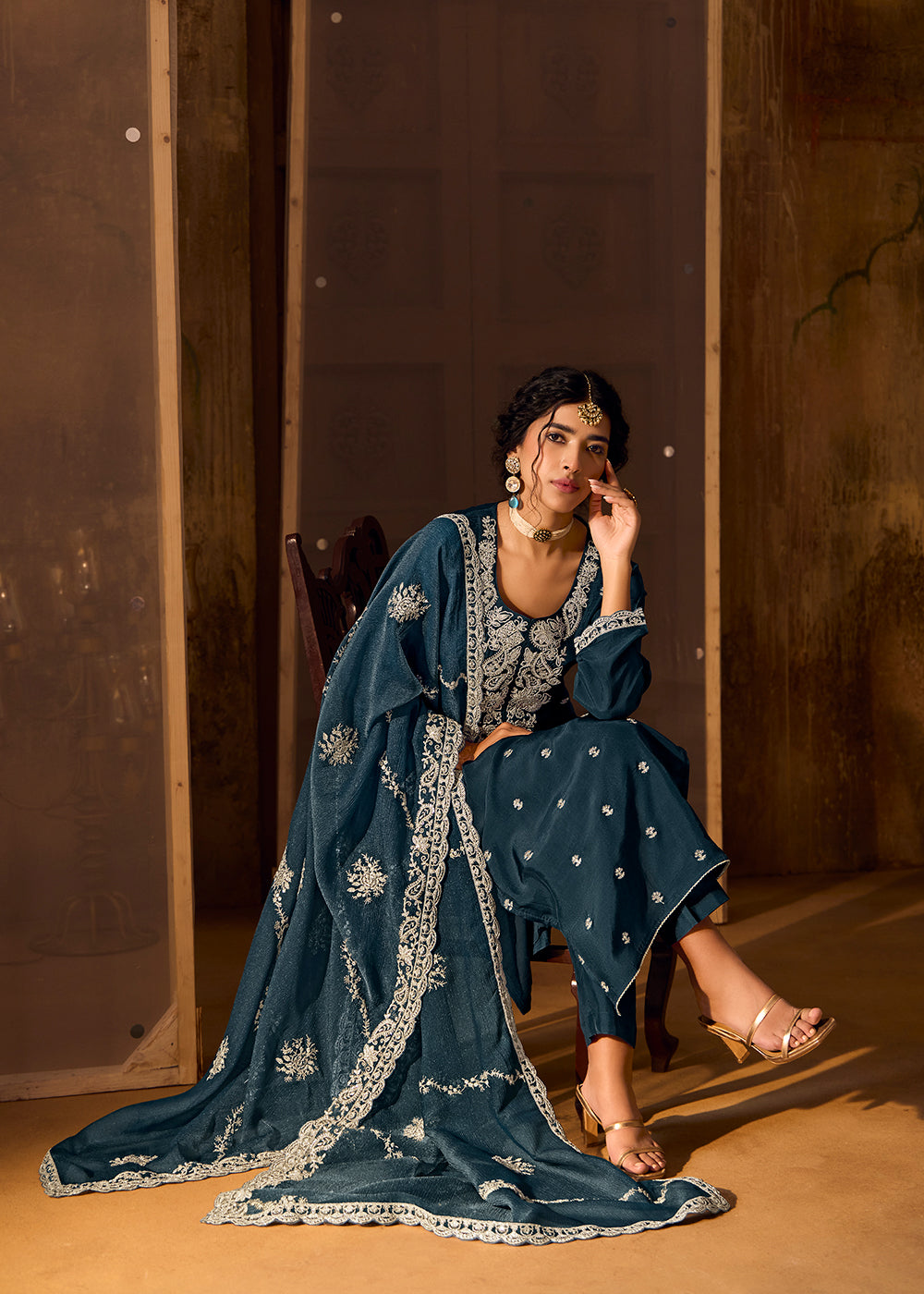 Buy Now Blue Bamberg Silk Embroidered Eid Style Salwar Suit Online in USA, UK, Canada, Germany, Italy, UAE & Worldwide at Empress Clothing.