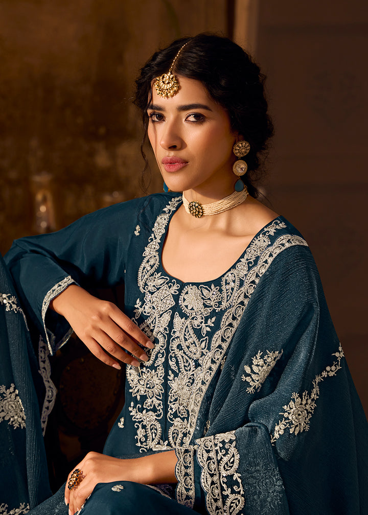 Buy Now Blue Bamberg Silk Embroidered Eid Style Salwar Suit Online in USA, UK, Canada, Germany, Italy, UAE & Worldwide at Empress Clothing.